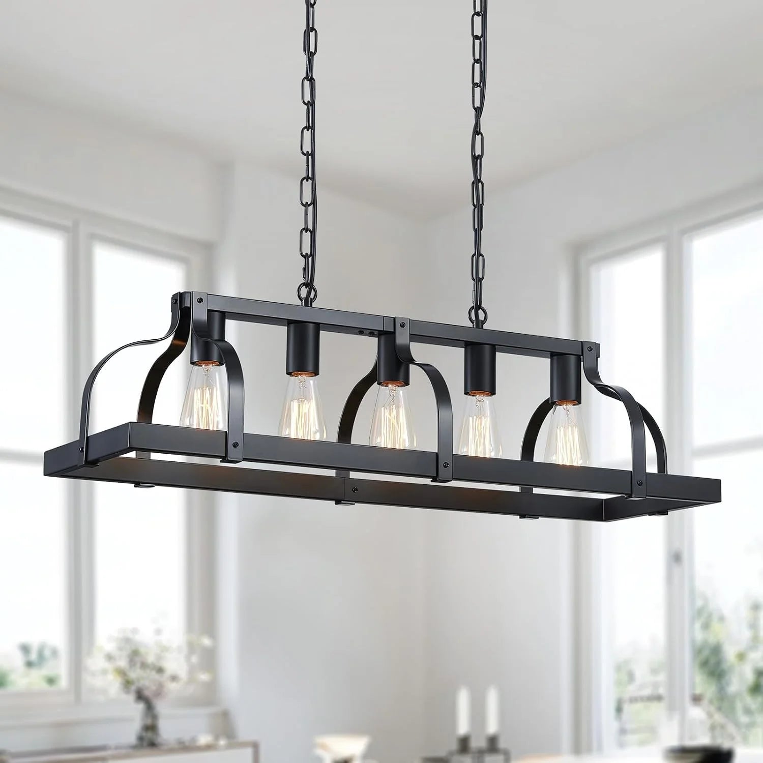 Special 5-Light Metal Chandelier Imitation Wood Grain Linear Pendant Ceiling Lighting Rustic Farmhouse Fixture Kitchen - Image 4