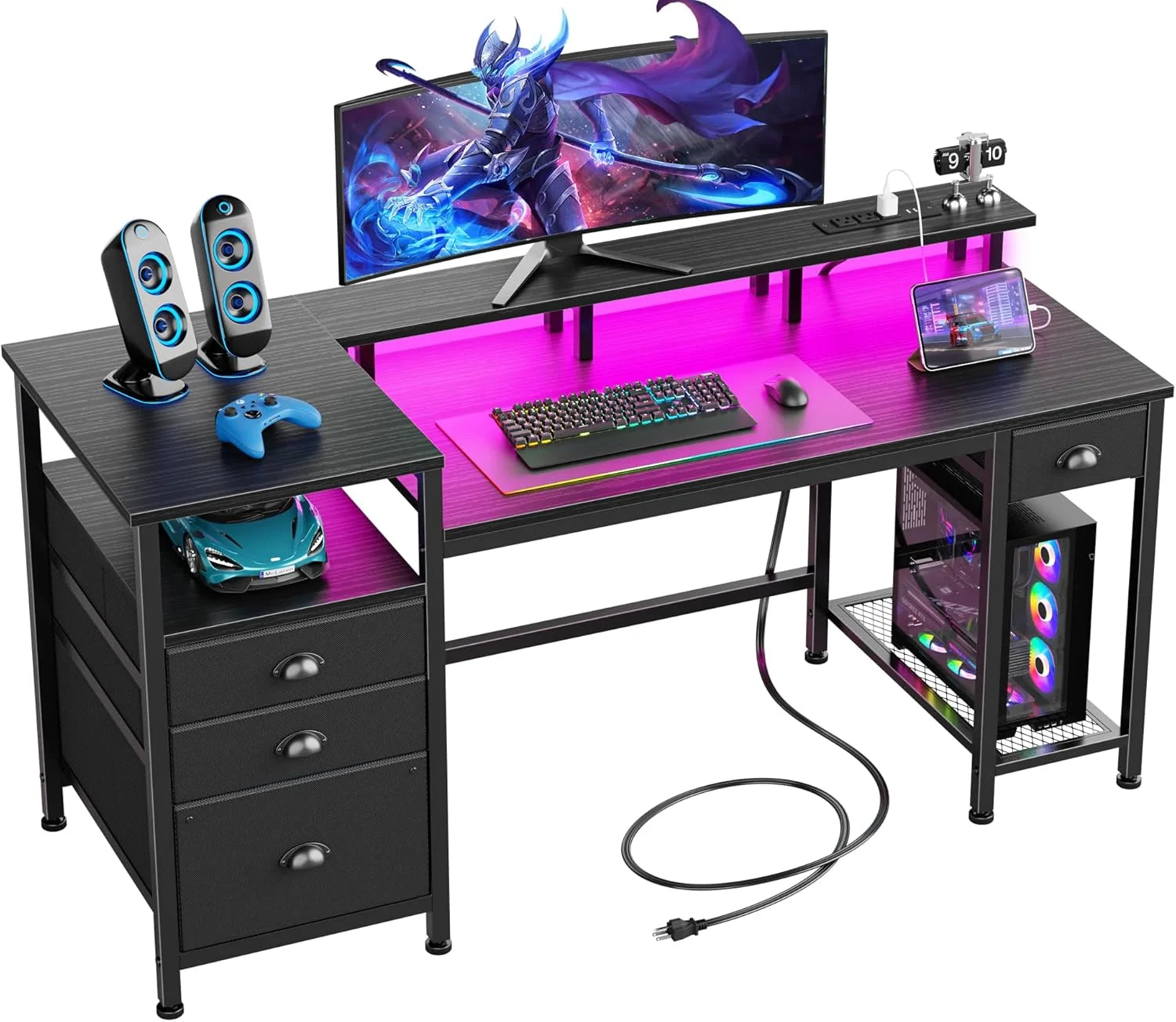 Special Furologee 60 Black Computer Desk with 4 Drawers and Printer Space, Gaming Desk with LED Lights and USB Power Outlets