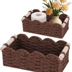 Special Storage Organizing Baskets, Set of 2 Scalloped Edge Wicker Basket with Wooden Handles Toilet Paper