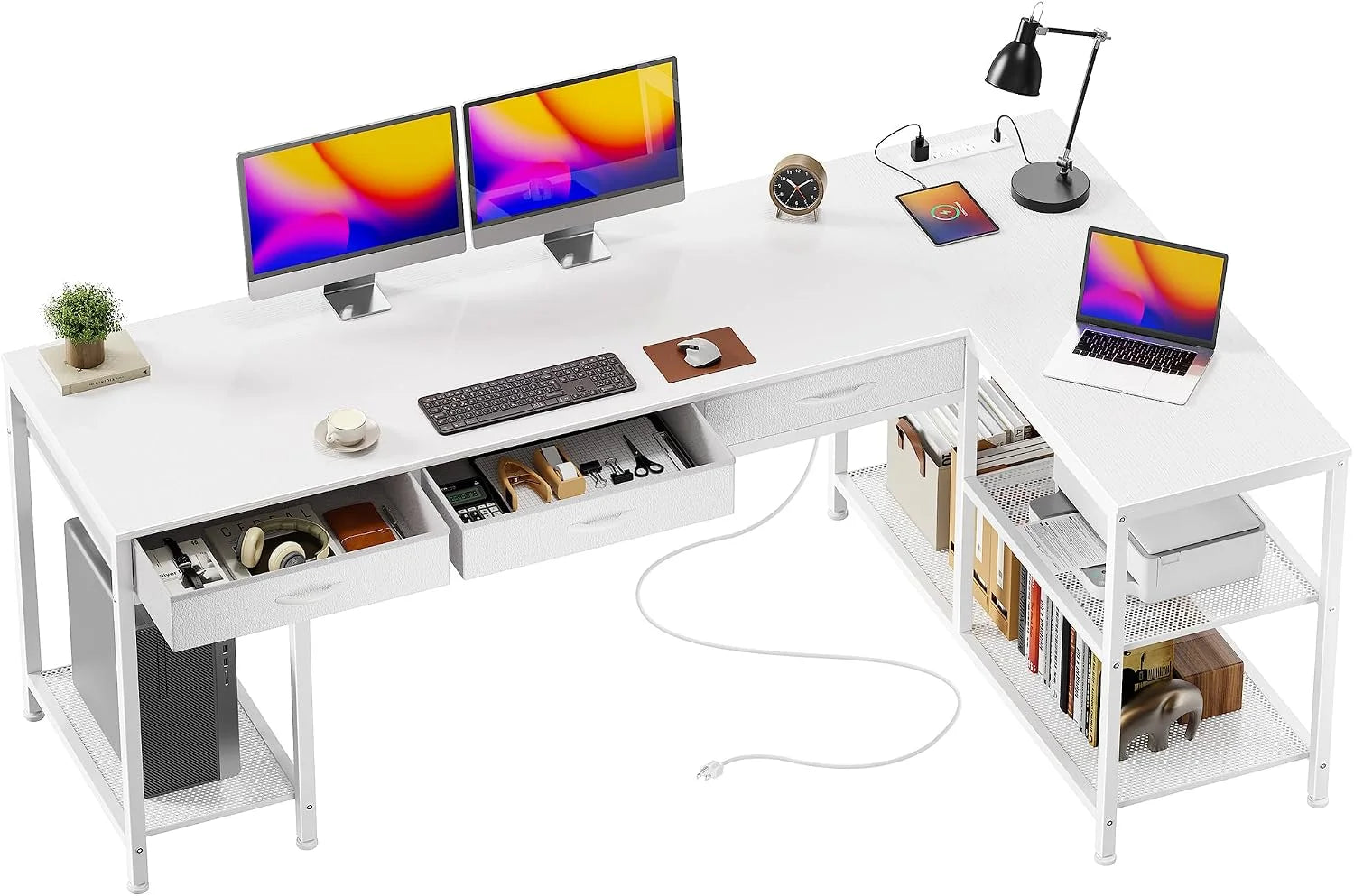 Special 55 Inch L Shaped Office Desk with Power Outlets and Type-C Port, Large Computer Gaming Desk with 3 Fabric - Image 3