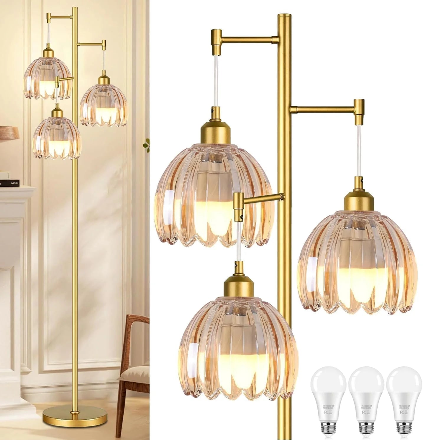 Special ZECOXOL Vintage Floor Lamp for Living Room Bedroom-3 Light Glass Floor Lamp with Three Led Bulb - Image 11