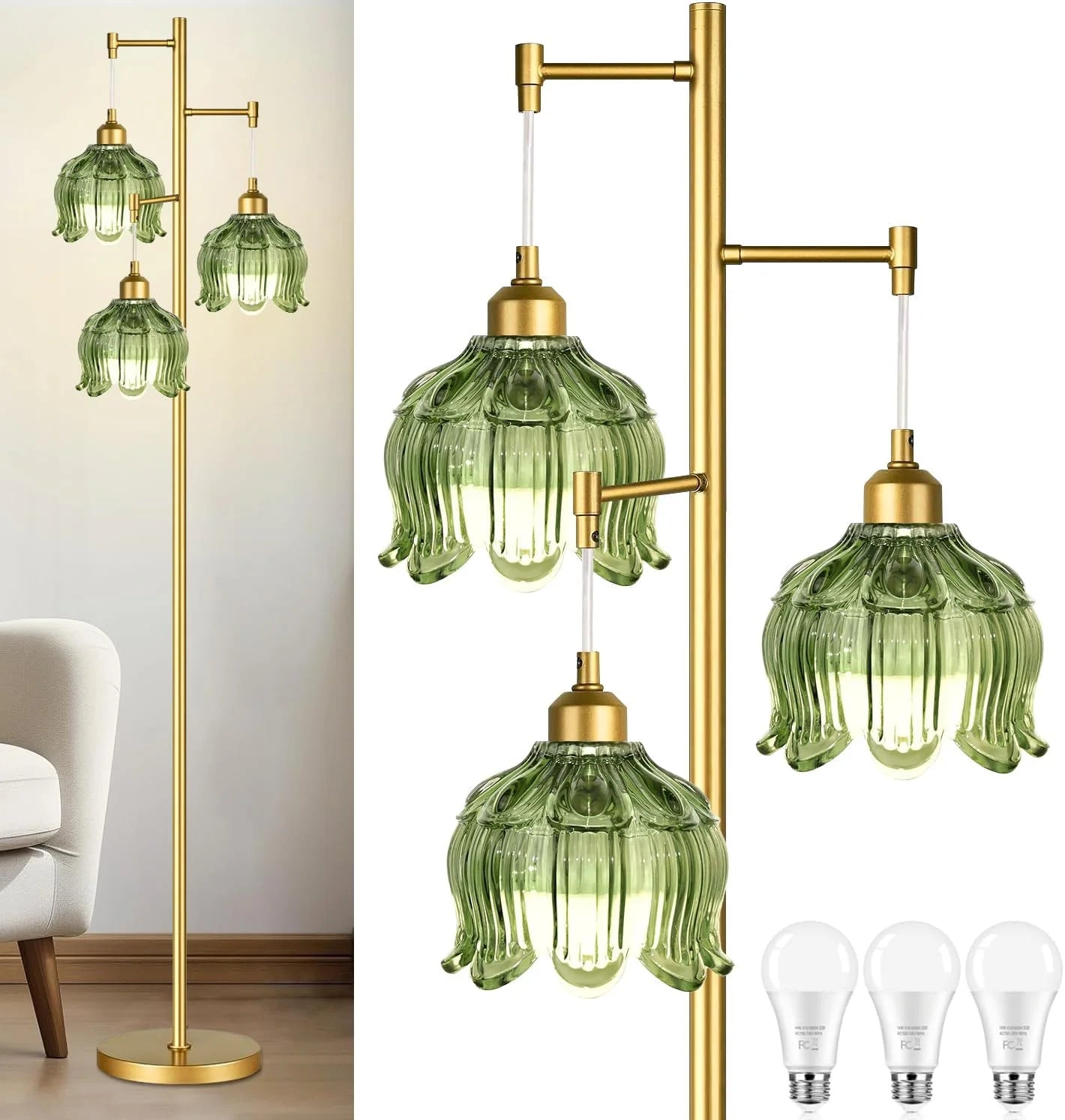 Special ZECOXOL Vintage Floor Lamp for Living Room Bedroom-3 Light Glass Floor Lamp with Three Led Bulb