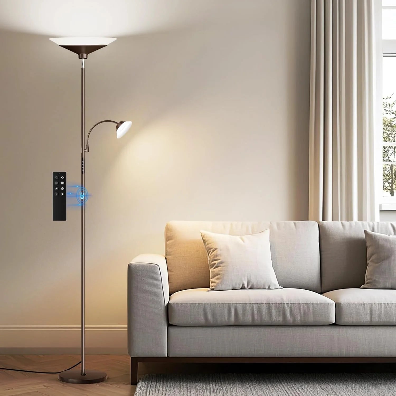 Special SIBRILLE Upgraded 2-in-1 Torchiere Floor Lamp, Dimmable, Black Modern Corner Lamp for Living Room Bedroom Office