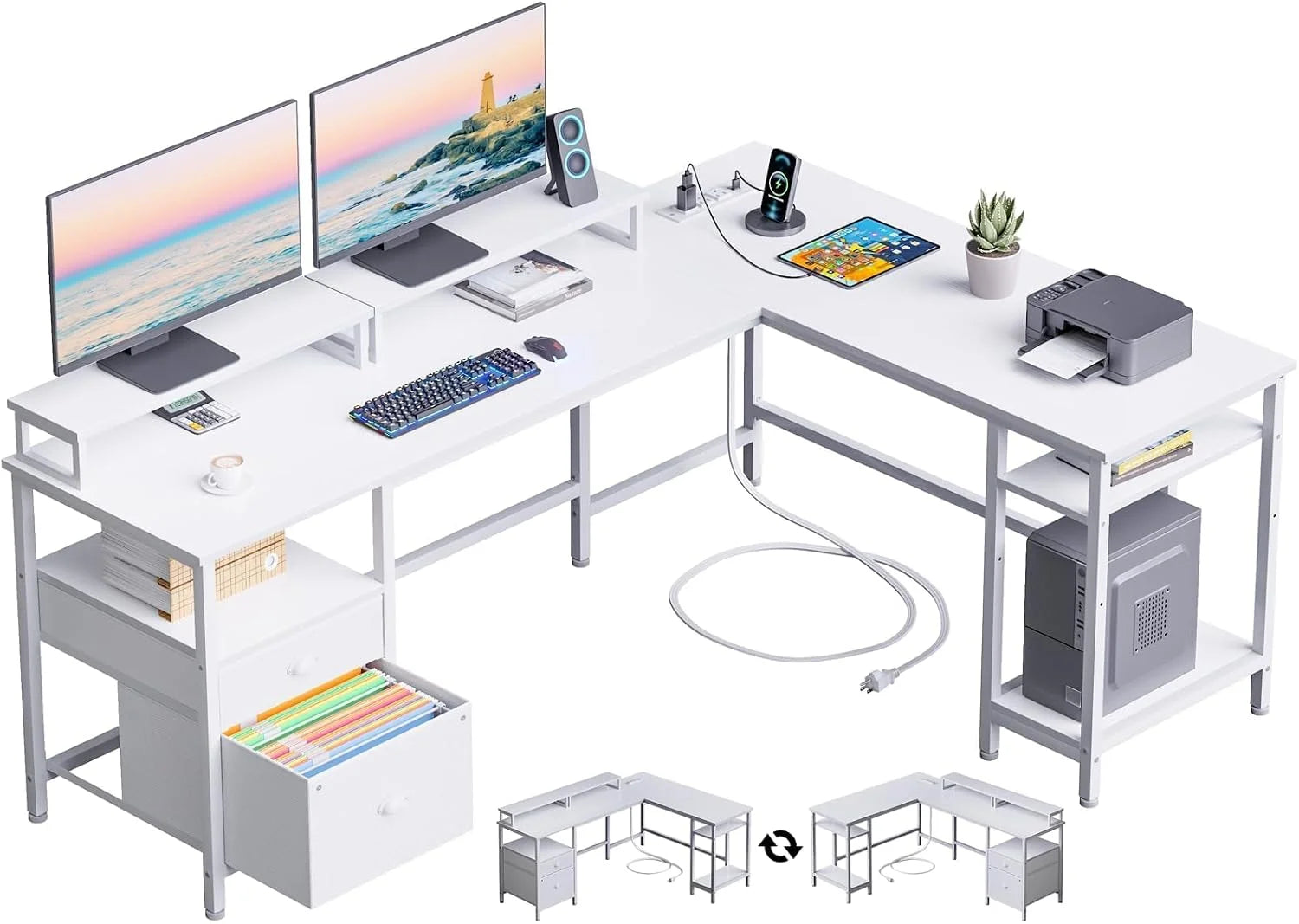 Special Furologee 66" L Shaped Desk with Power Outlet, Reversible Home Office Desk with File Drawer, 2 Monitor Stands - Image 4