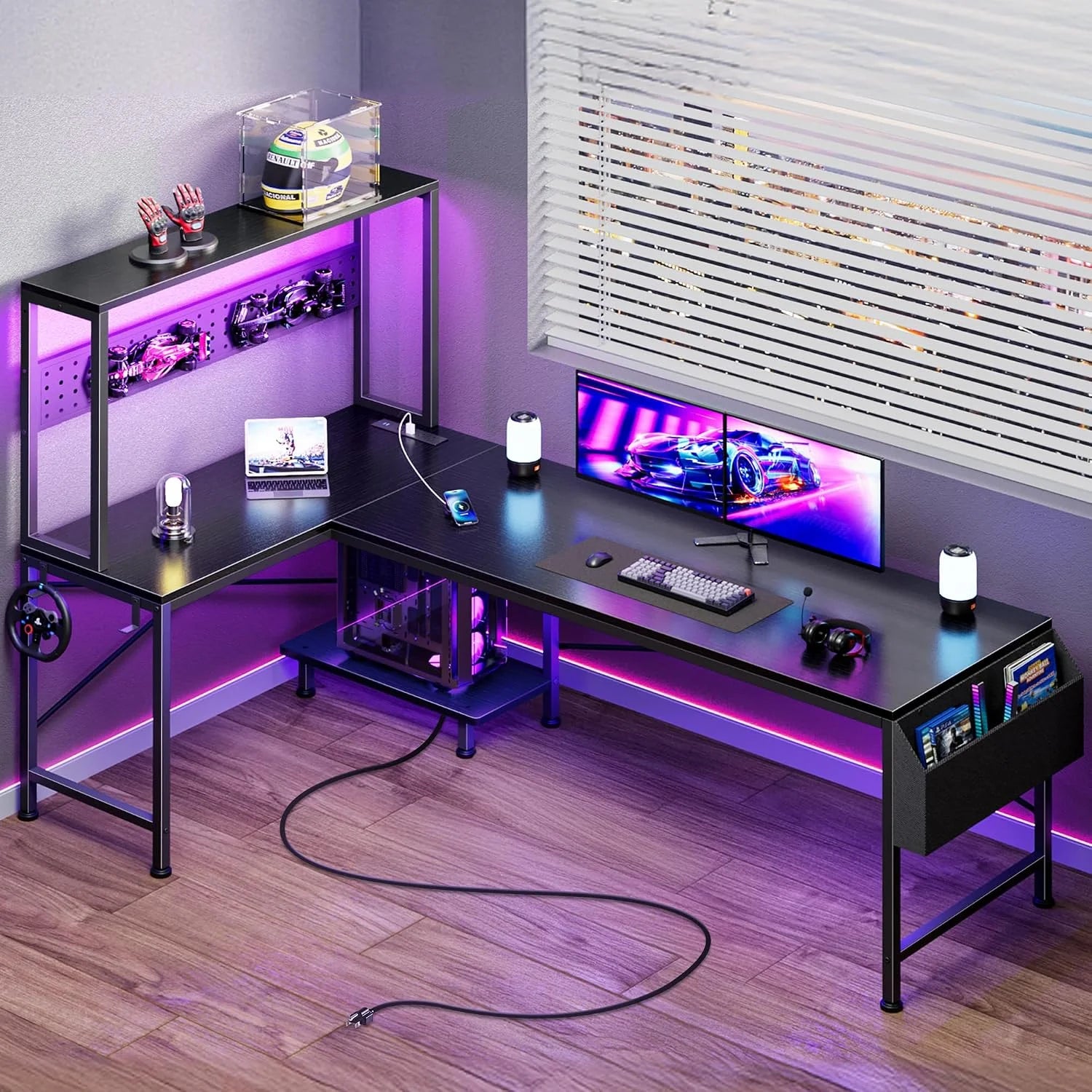 Special L Shaped Gaming Desk with LED Lights & Power Outlets, Reversible Computer Desk with Storage Shelves & Bag - Image 5