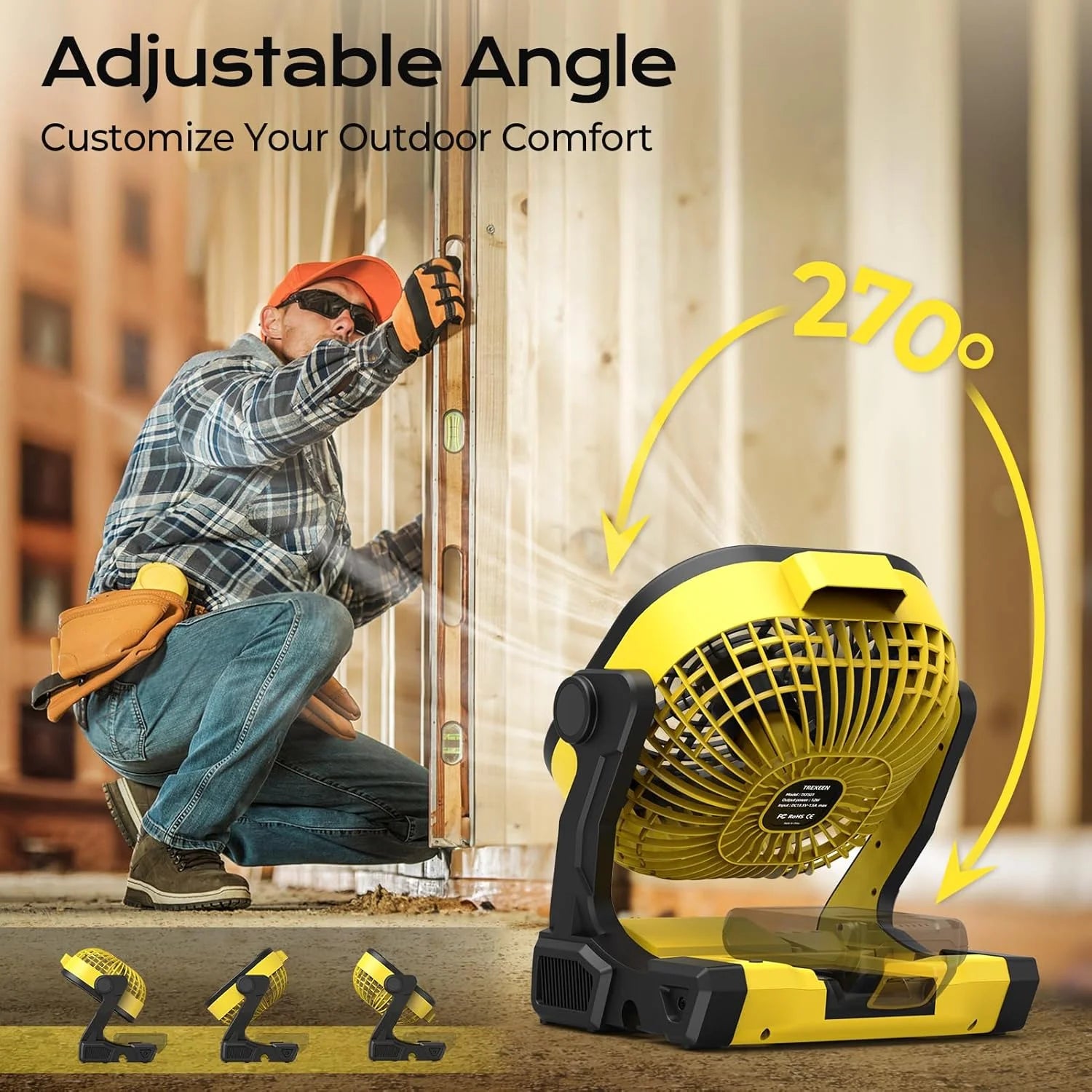 Special Battery Operated Fan for Dewalt 20V Max battery, Portable Fan with AC Adapter & LED Lights, 4 Speeds & Hook - Image 5