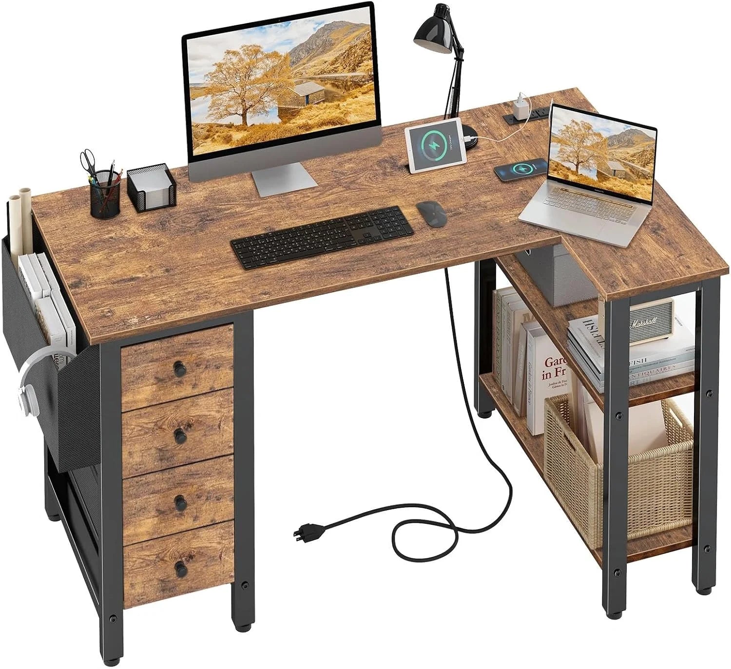 Special Lufeiya White L Shaped Computer Desk with Drawers & Storage Shelves, 47 Inch Corner Reversible Desk with Power Outlet - Image 6