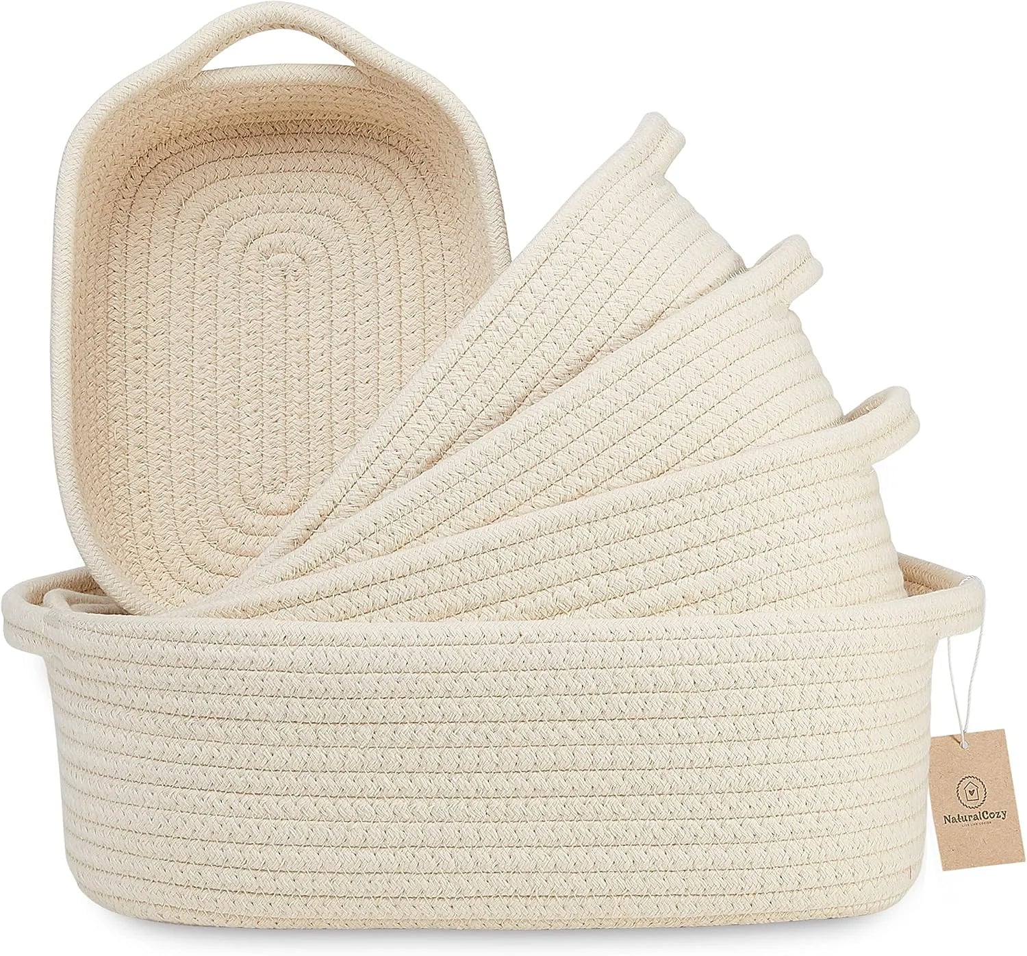 Special 5-Piece Rectangle Storage Basket Set- Natural Cotton Rope Woven for Organizing! Small Basket - Image 4