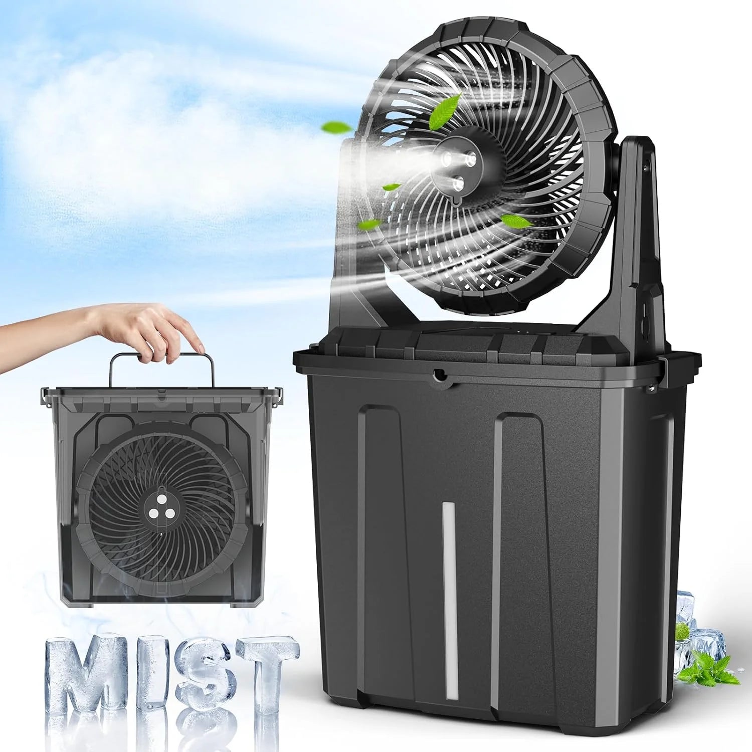 Special 9L Bucket Portable Misting Fan for Outdoors Patios, 30000mAh Rechargeable Battery Operated Camping Fan