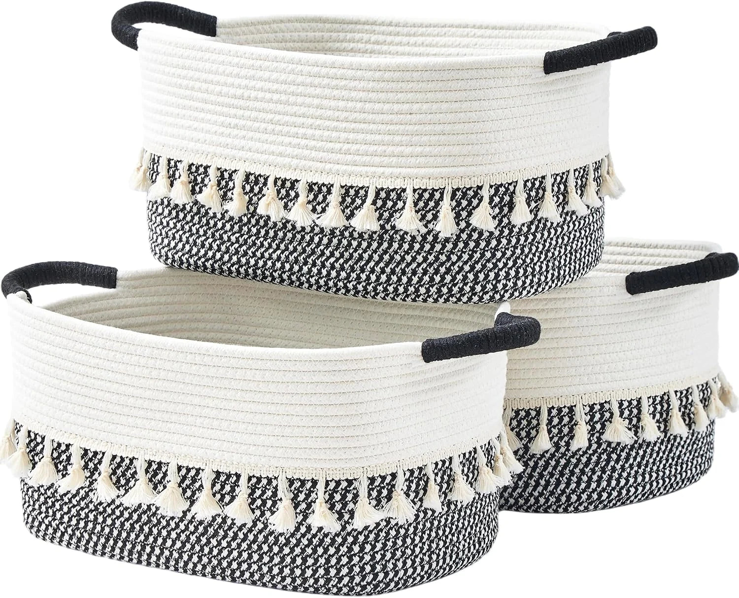 Special Basket, Woven Baskets for Shelves, White/Brown, 3 Pack Boho Cotton Rope Storage Baskets - Image 4