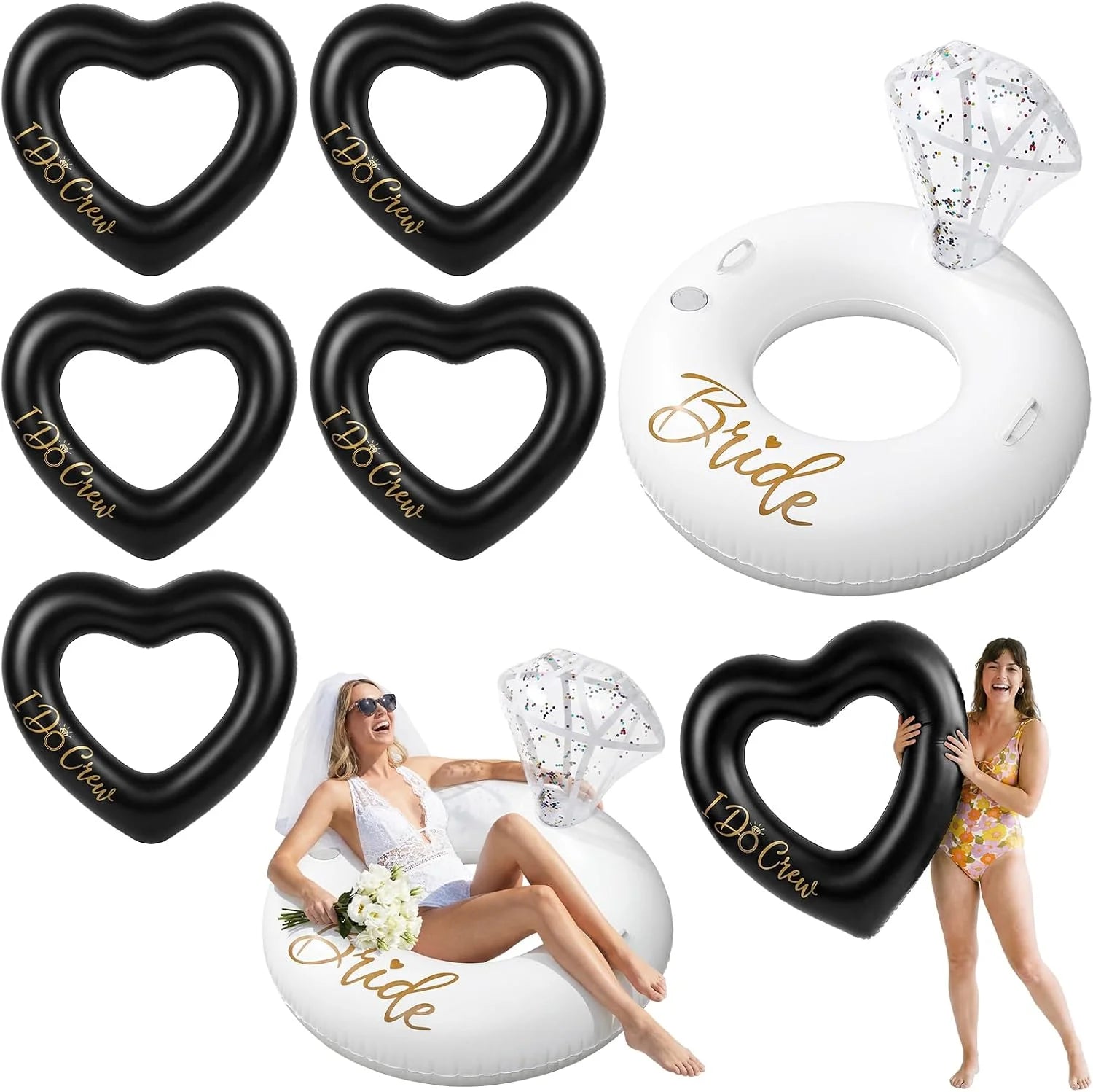 Special 6 Pcs Bachelorette Pool Floats, 1 Diamond Ring & 5 Pink Heart Loungers, Inflatable Party Decorations for Bridal - Image 2