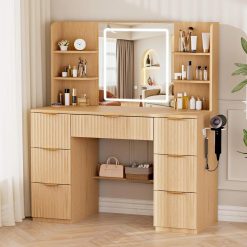 Alternative view of Special 43 Large White Makeup Vanity Desk with Charging Station, Smart LED Mirror, 7 Drawers, 4 Shelves