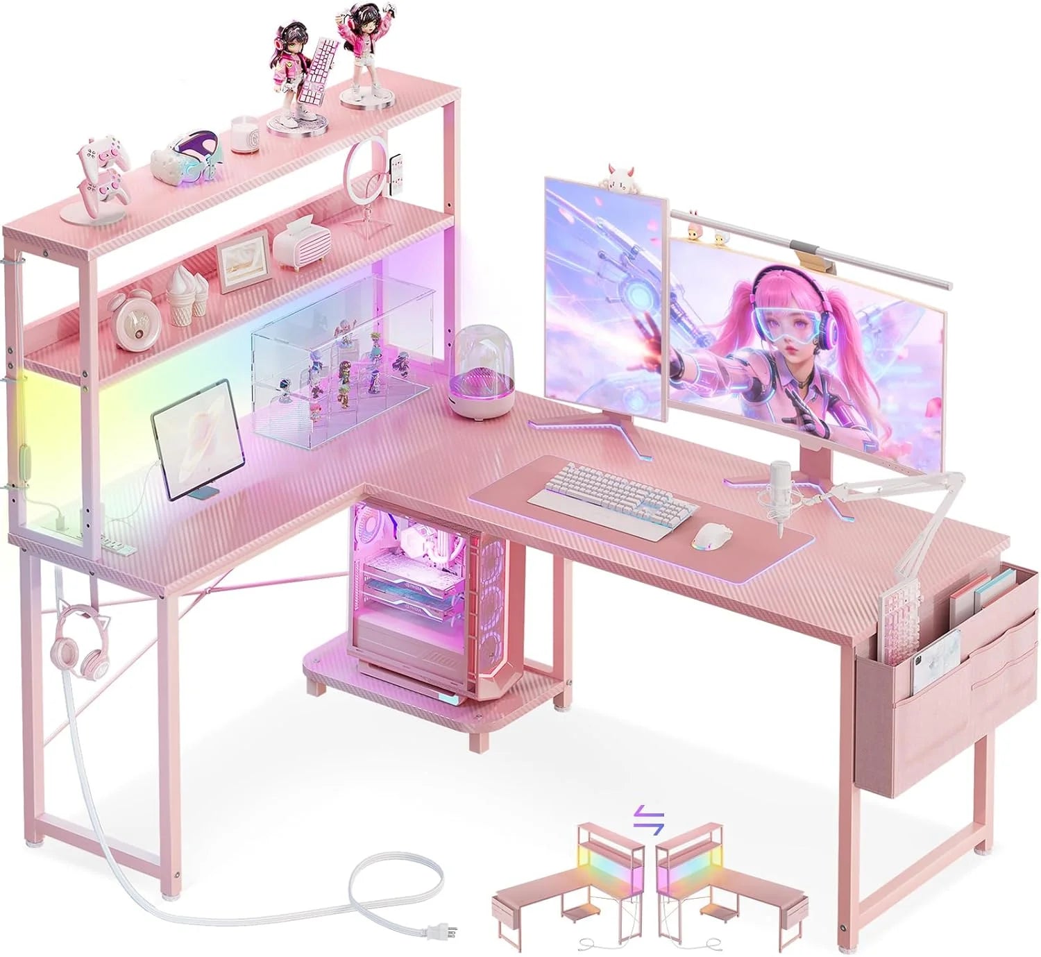Special L Shaped Desk Gaming Desk with LED Light & Power Outlet, 53 Inch Black Reversible L Shaped Computer Table - Image 4