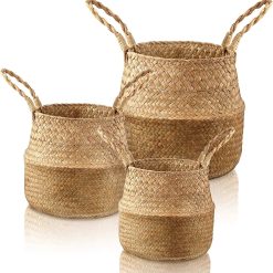 Special Woven Seagrass Belly Basket with Handles, Natural Color, Foldable Rattan Storage Bins for Plant Pot Holder