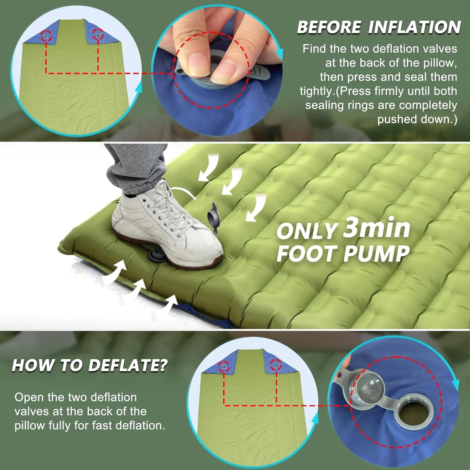 Special Pretyw Double Sleeping Pad for Camping, 5.5 Ultra-Thick Camping Mattress with Pillow, Built-in Foot Pump - Image 5