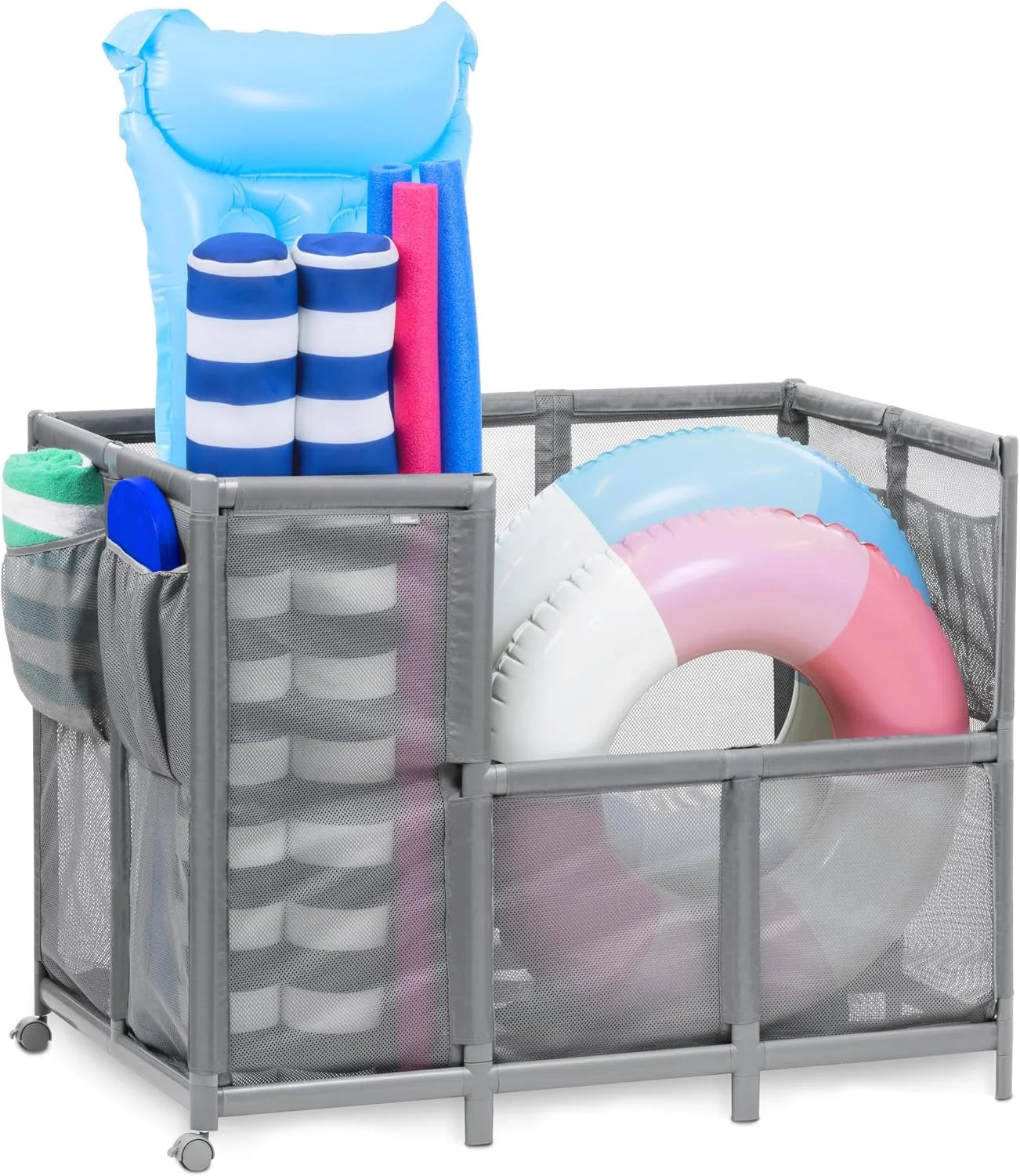 Special Coast Modern Pool Organizer for Floats and Toys – Extra Large Mesh Pool Storage Bin for Outdoors – Gray
