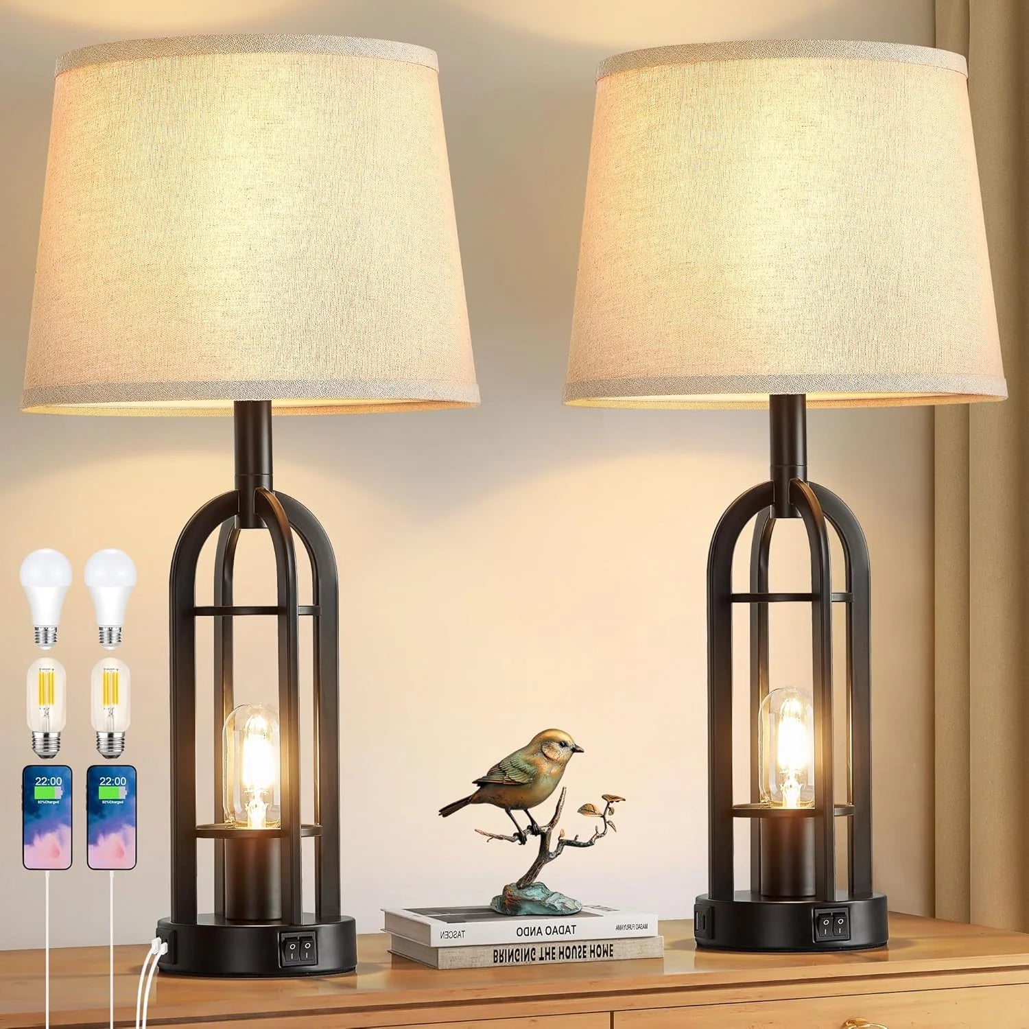 Special Black Table Lamps for Living Room Set of 2, Farmhouse Lamps for Night Stands with USB A+C - Image 4