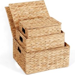 Special Storage Baskets for Organizing 3 Pack, Natural Water Hyacinth Ratten Baskets with Wooden Handles, Decorative