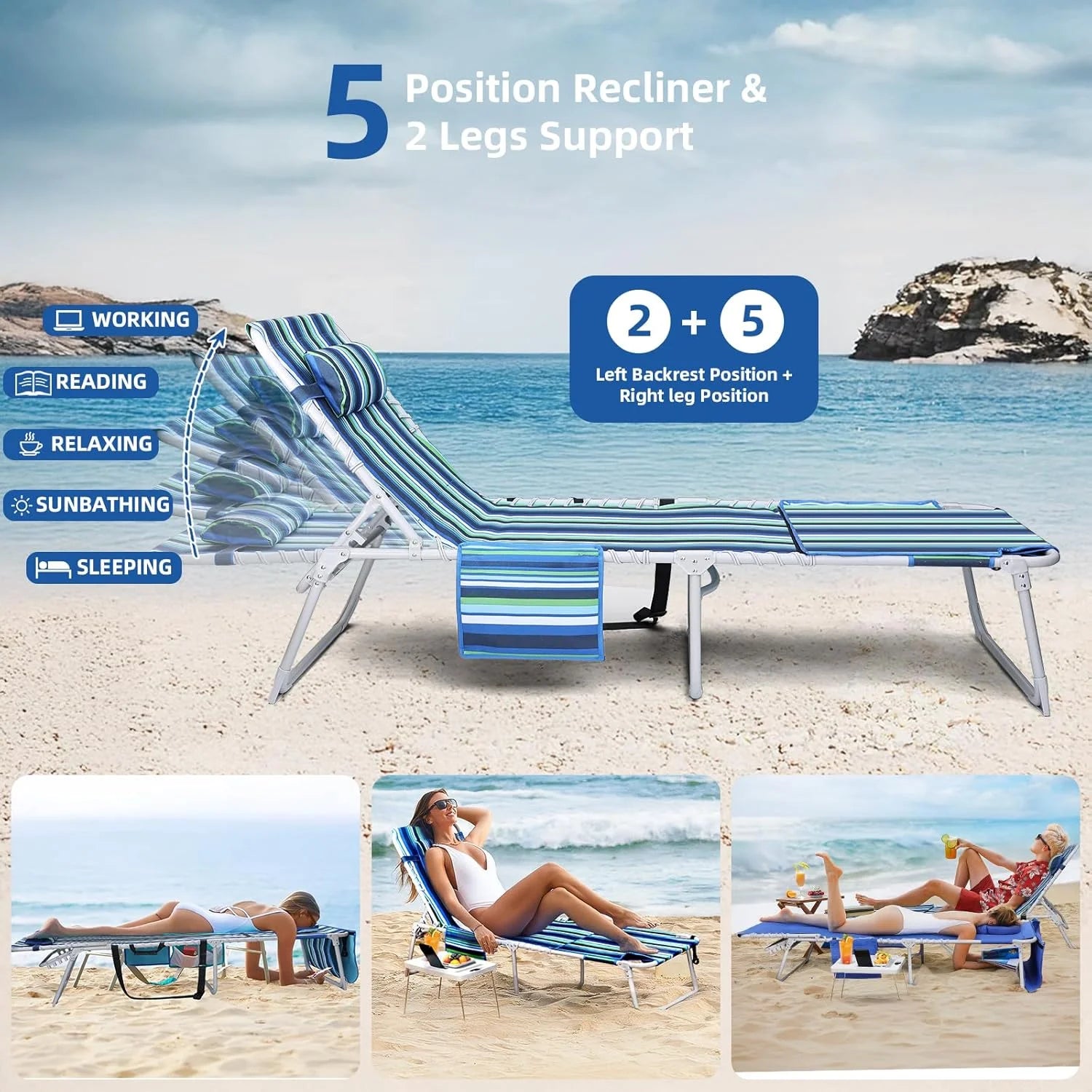 Special Beach Chair Face Holes, Lounge Chair Outdoor with Folding Side Table, 5-Position Recliner, Max 330lbs - Image 5