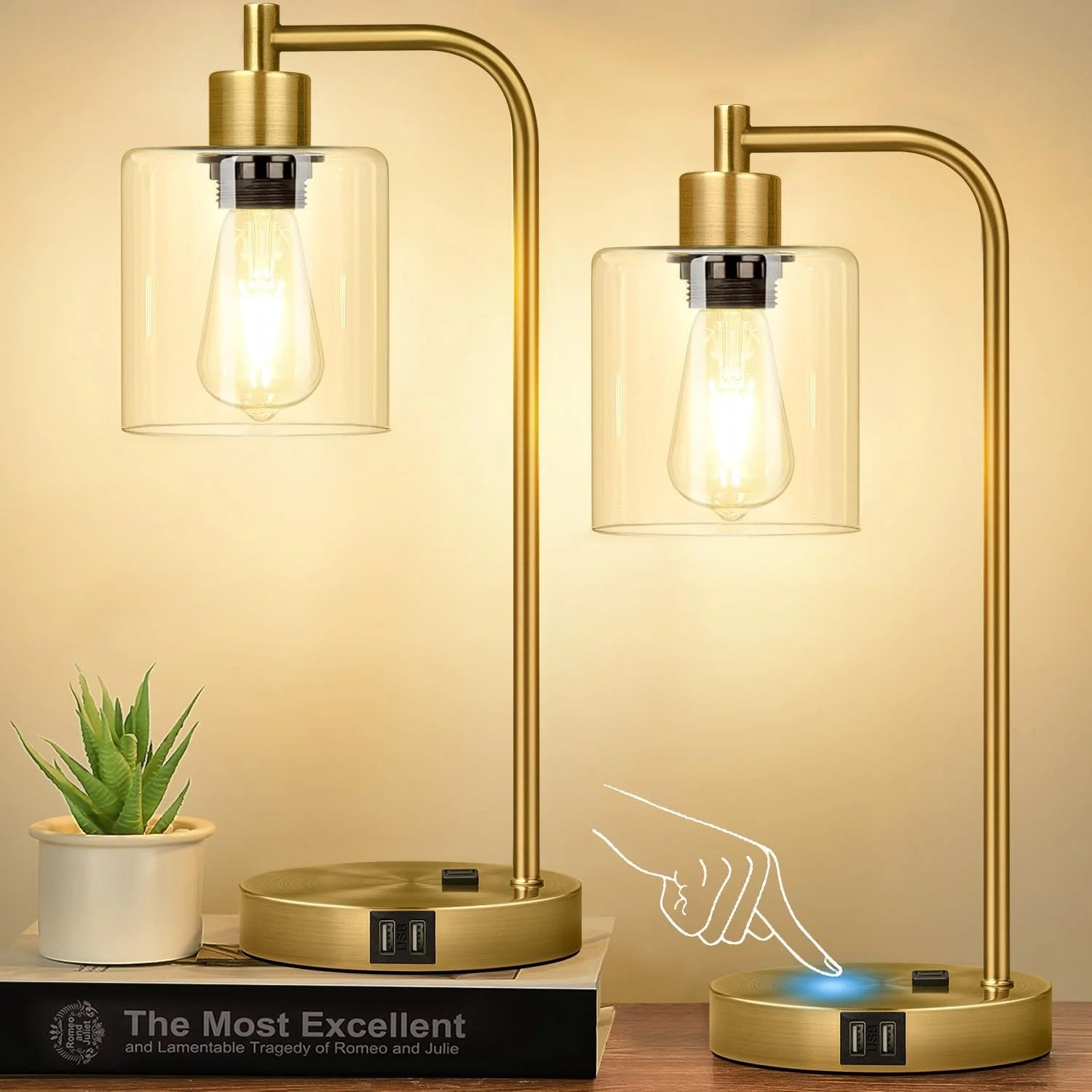 Special Set of 2 Industrial Touch Control Table Lamps with USB C+A Ports and AC Outlet, Dimmable, Bulb Included - Image 2