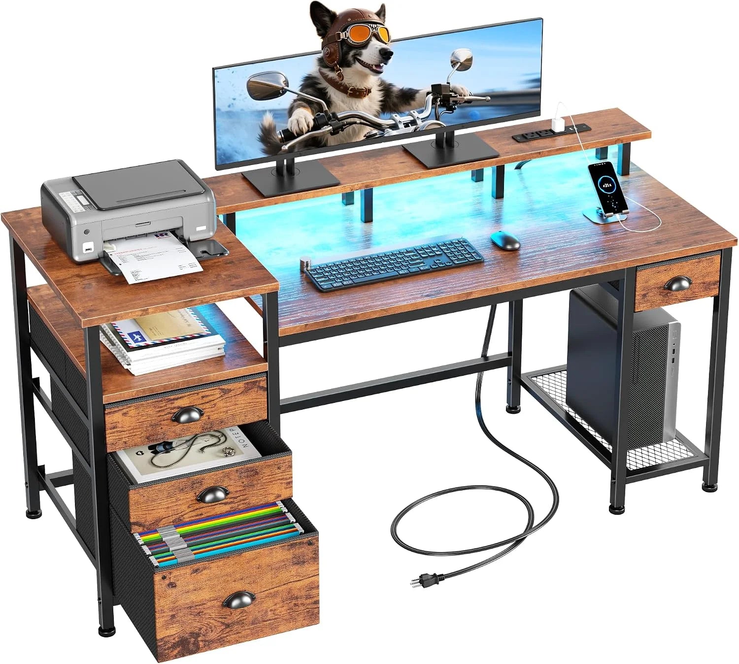 Special Furologee 60 Black Computer Desk with 4 Drawers and Printer Space, Gaming Desk with LED Lights and USB Power Outlets - Image 2