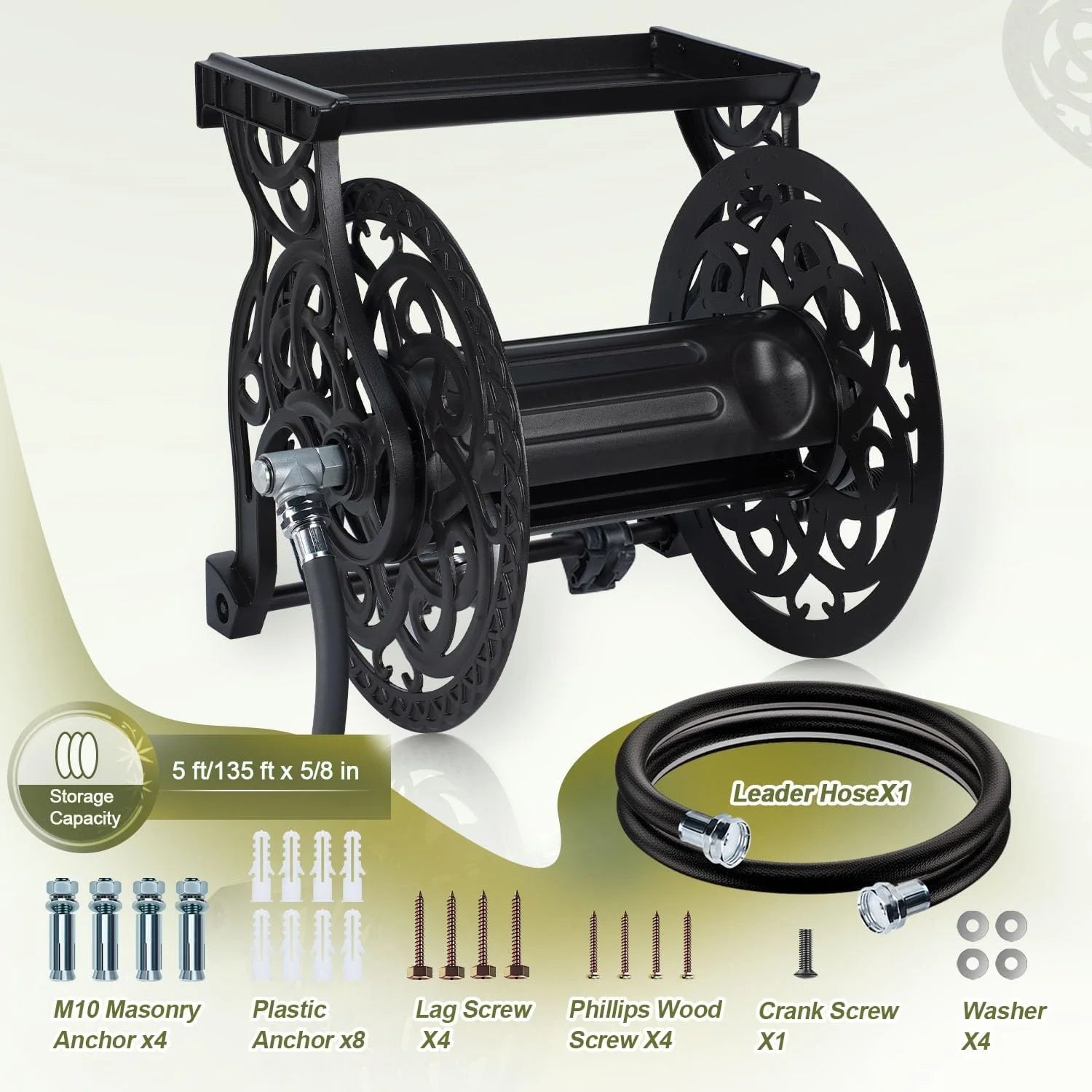 Special Wall Mount Garden Hose Reel for Outside, Holds 125 ft x 5/8" Hose Storage, Decorative Heavy Duty Water Hose - Image 6