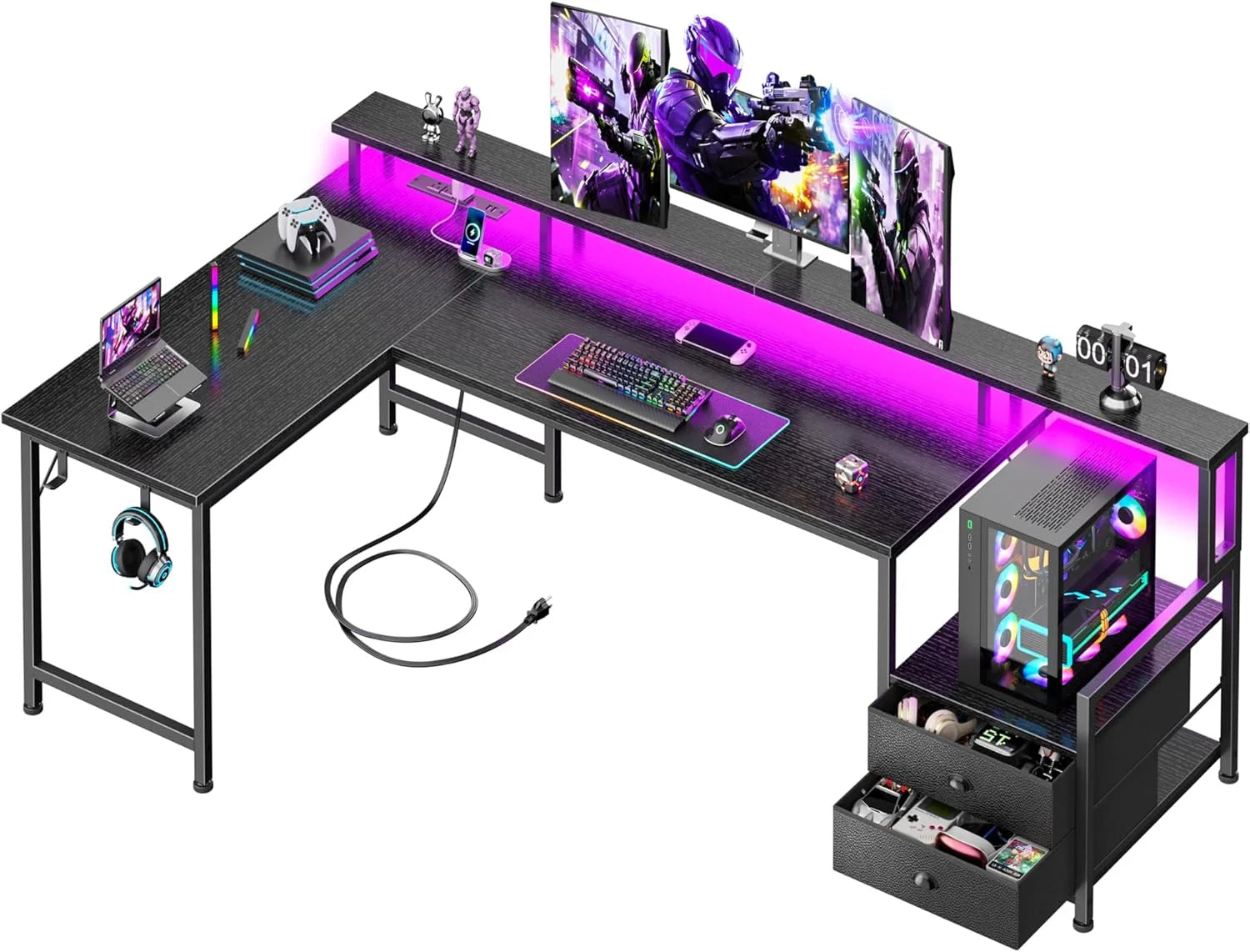 Special 66” L Shaped Gaming Desk with Drawers and Storage Shelves, Reversible Corner Desk with Power Outlets and Host - Image 2