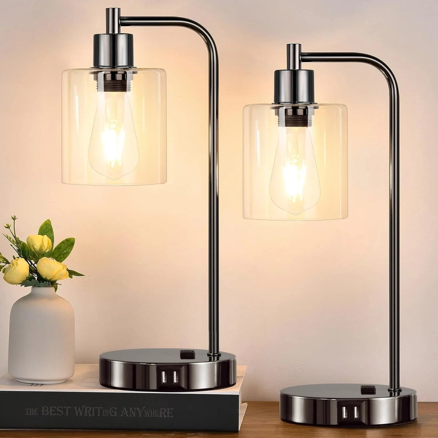 Special Set of 2 Industrial Touch Control Table Lamps with USB C+A Ports and AC Outlet, Dimmable, Bulb Included - Image 9