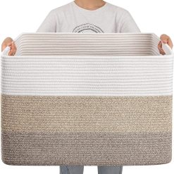 Special Blanket Basket, 25”x16”x16”(108L) Rectangle Woven Storage Baskets, Cotton Rope Basket For Living Room