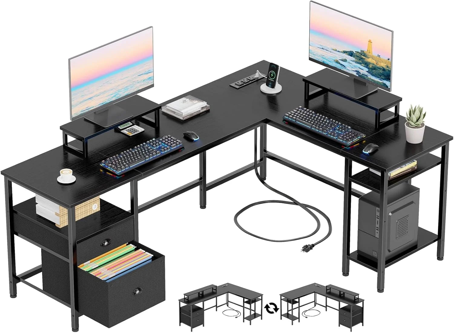 Special Furologee 66" L Shaped Desk with Power Outlet, Reversible Home Office Desk with File Drawer, 2 Monitor Stands - Image 3