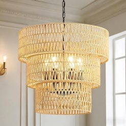 Special Large Farmhouse Chandeliers for Dining Room, 6-Light 19.7″ Rattan Boho Chandeliers with Wicker Lampshade