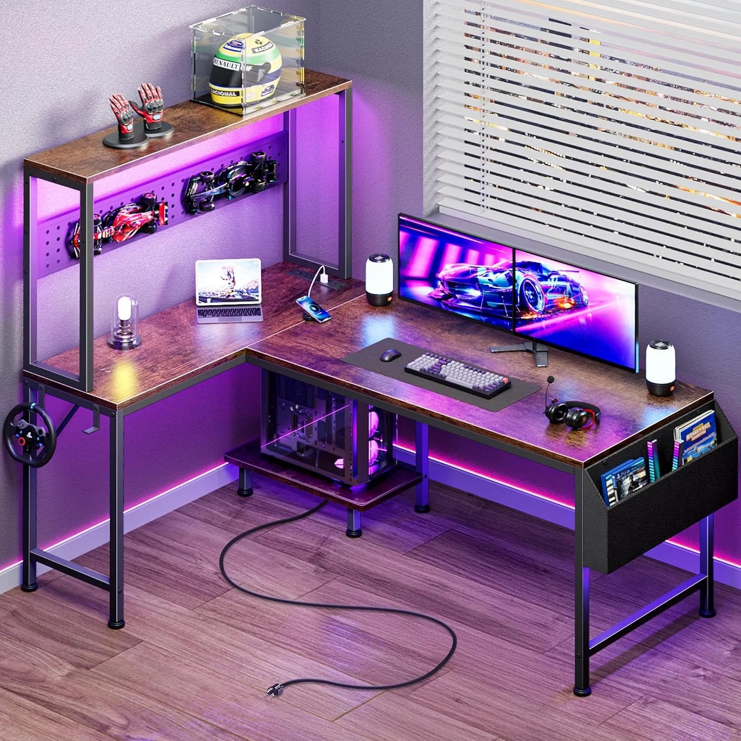 Special L Shaped Gaming Desk with LED Lights & Power Outlets, Reversible Computer Desk with Storage Shelves & Bag - Image 4