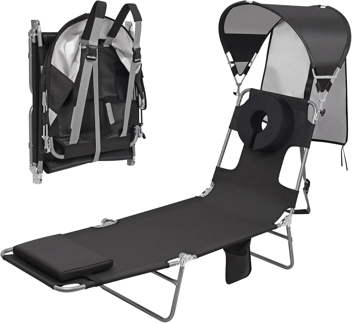 Special Beach Tanning Lounge Chair with Canopy Shade Face Hole Padded Adjustable Washable, 6 Position Layout Chair