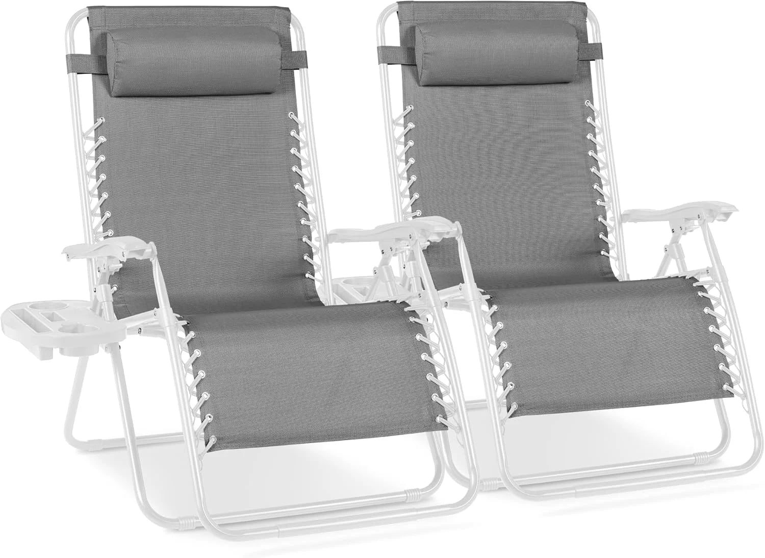 Special Best Choice Products Set of 2 Adjustable Steel Mesh Zero Gravity Lounge Chair Recliners w/Pillows and Cup Holder Trays - Image 3