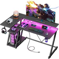 Special 40 Inch Gaming Desk with Power Outlet & LED Lights, L Shaped Computer Gaming Table with 3 Tiers Storage Shelves