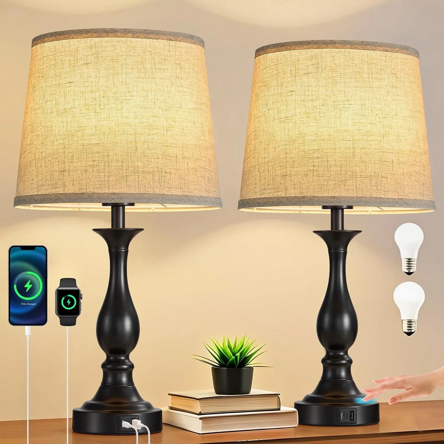 Special Bedside Table Lamp Touch Control Bedroom Lamps with USB A and C Charging Port 3 Way Dimmable Touch Lamps for Nightstand - Image 6