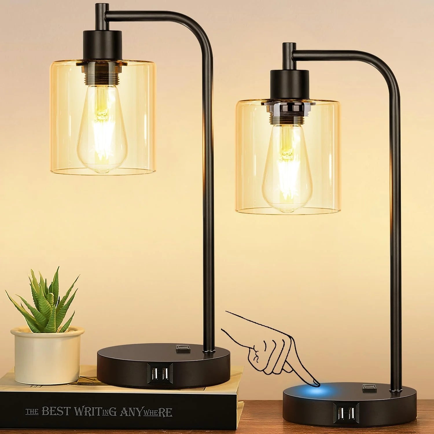 Special Set of 2 Industrial Touch Control Table Lamps with USB C+A Ports and AC Outlet, Dimmable, Bulb Included