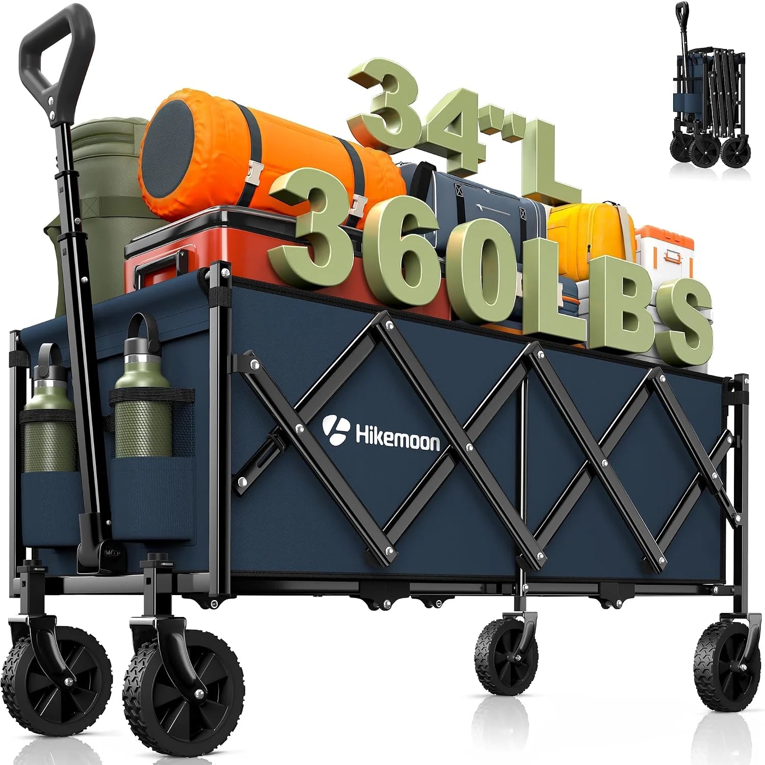 Special 34” Extra Long Folding Portable Wagon Cart, 120L 360LBS Black, Heavy Duty - Image 2