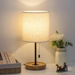 Special Bedside Table Lamp, Modern Nightstand Lamp with Linen Fabric Shade Wooden Desk Lamps for Bedrooms