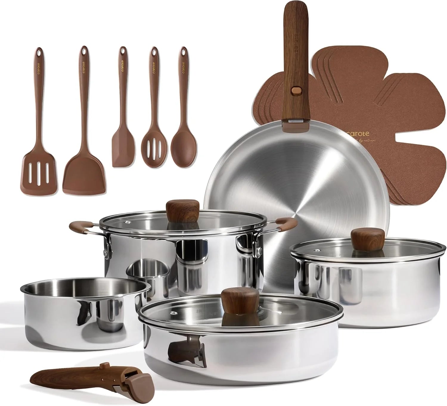 Special 19pcs Stainless Steel Cookware Set with Detachable Handle, Pots and Pans Set